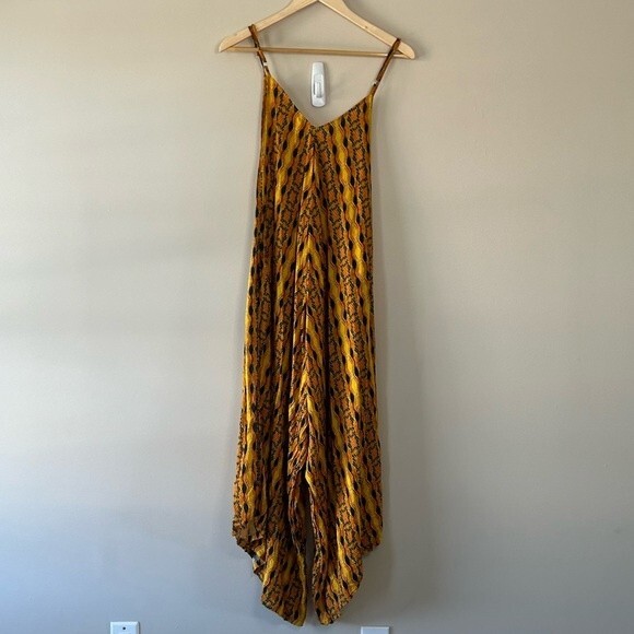 Kahindo Kano Orange Yellow Patterned Cropped Wide Leg Jumpsuit Size Large - Picture 7 of 9